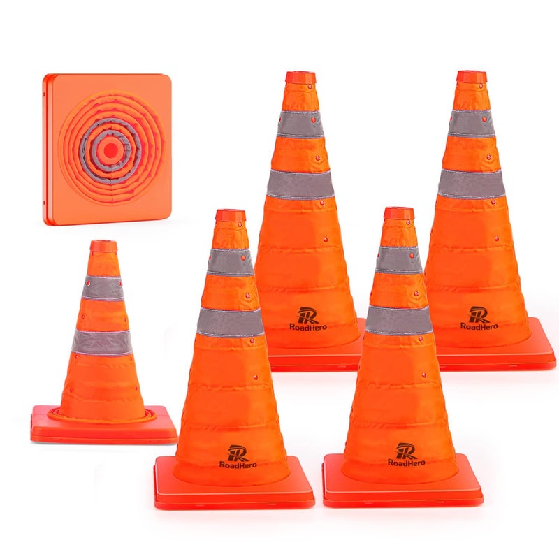 RoadHero 18 Inch 6 Pack Collapsible Traffic Safety Cones, Multi Purpose Pop-up Cones with Reflective Collar for Road Safety, Orange Cones for Driving Training, Parking Lots - Image 1